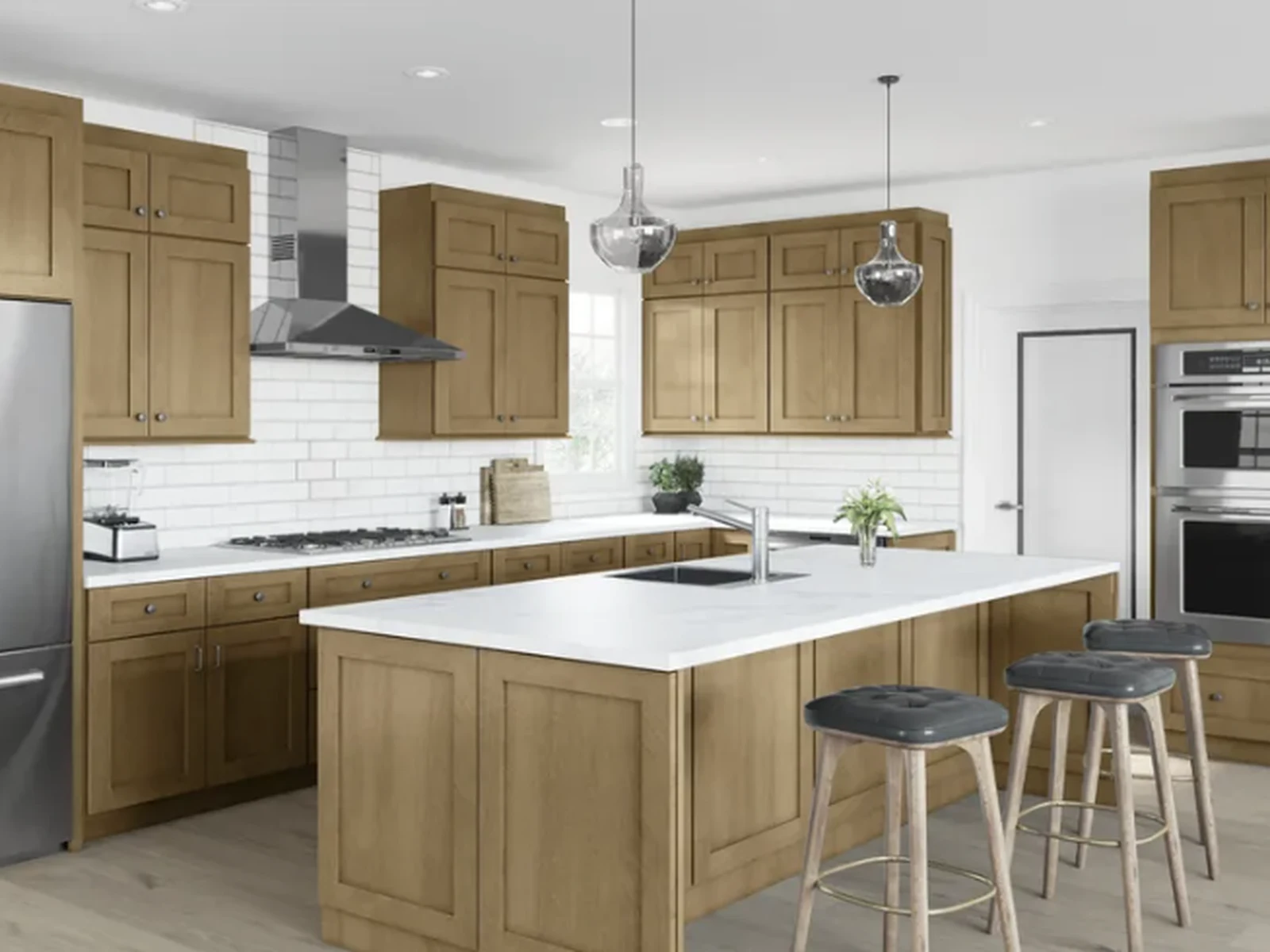 English Coffee wood-tone kitchen cabinetry with island