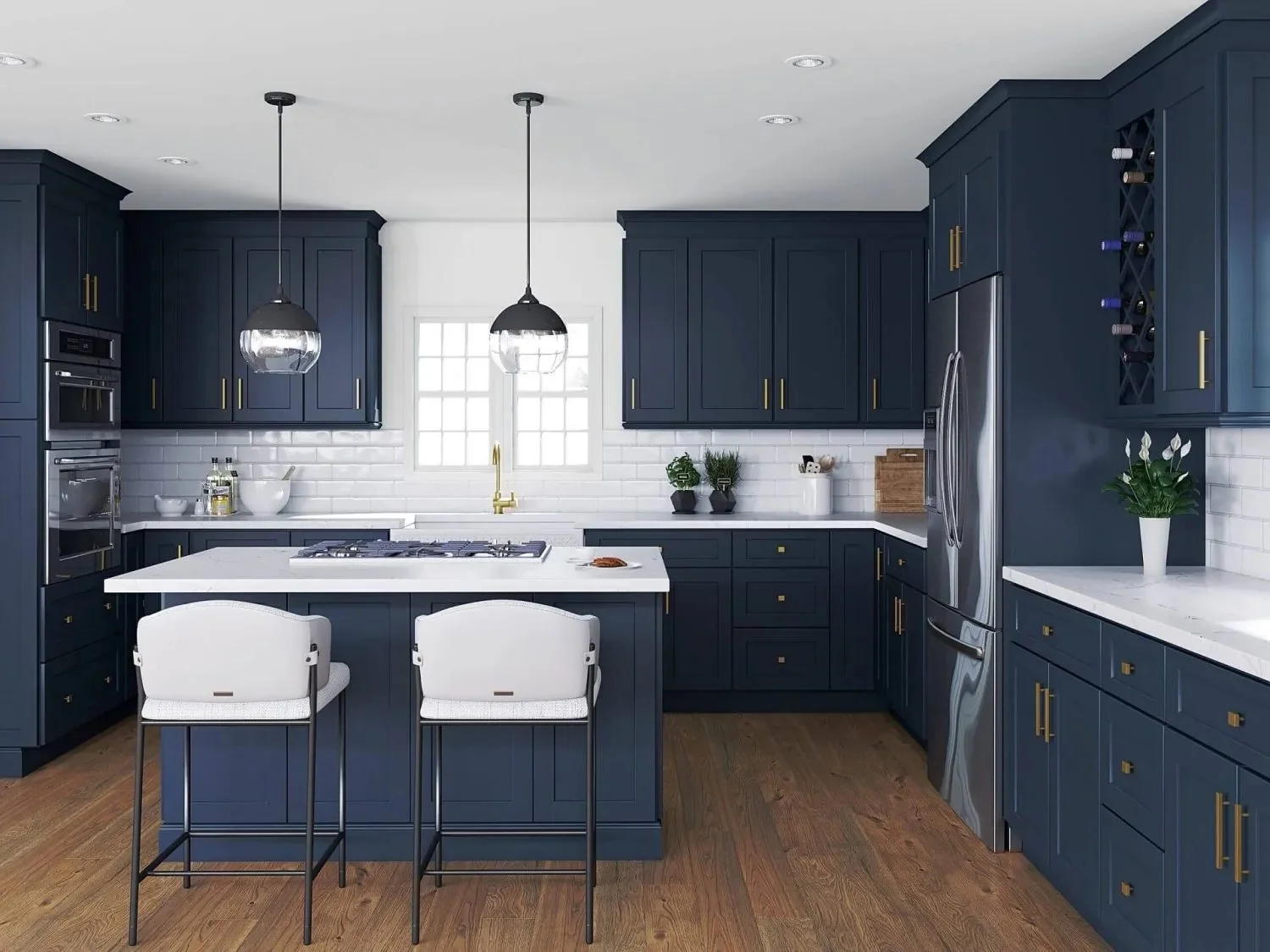 Blue shaker kitchen cabinets with white countertops