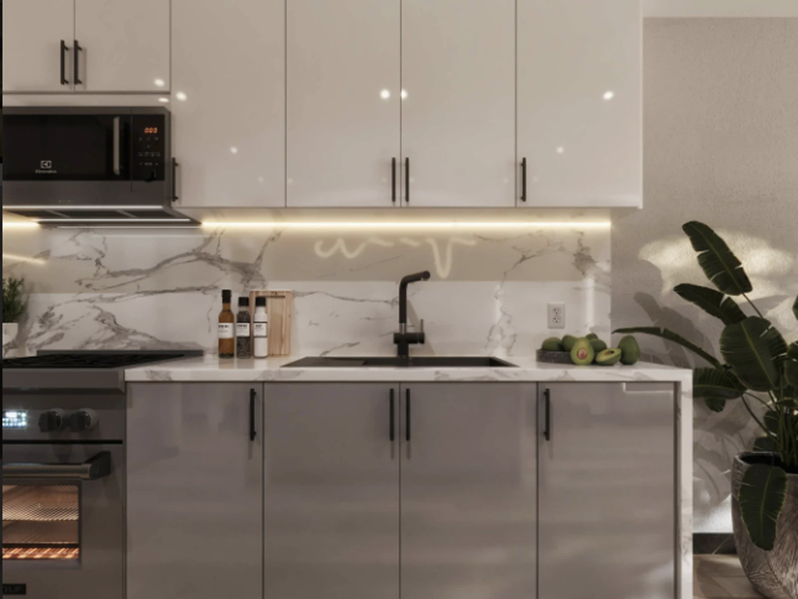 High Glossy White and Gray kitchen cabinetry