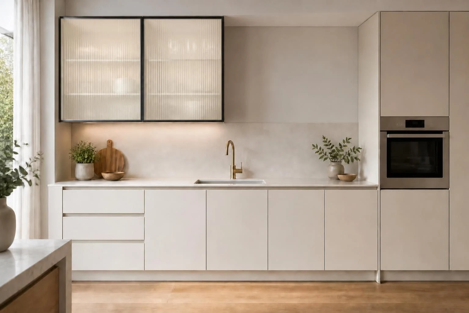 Matt Ivory kitchen cabinetry with crystal glass upper cabinet