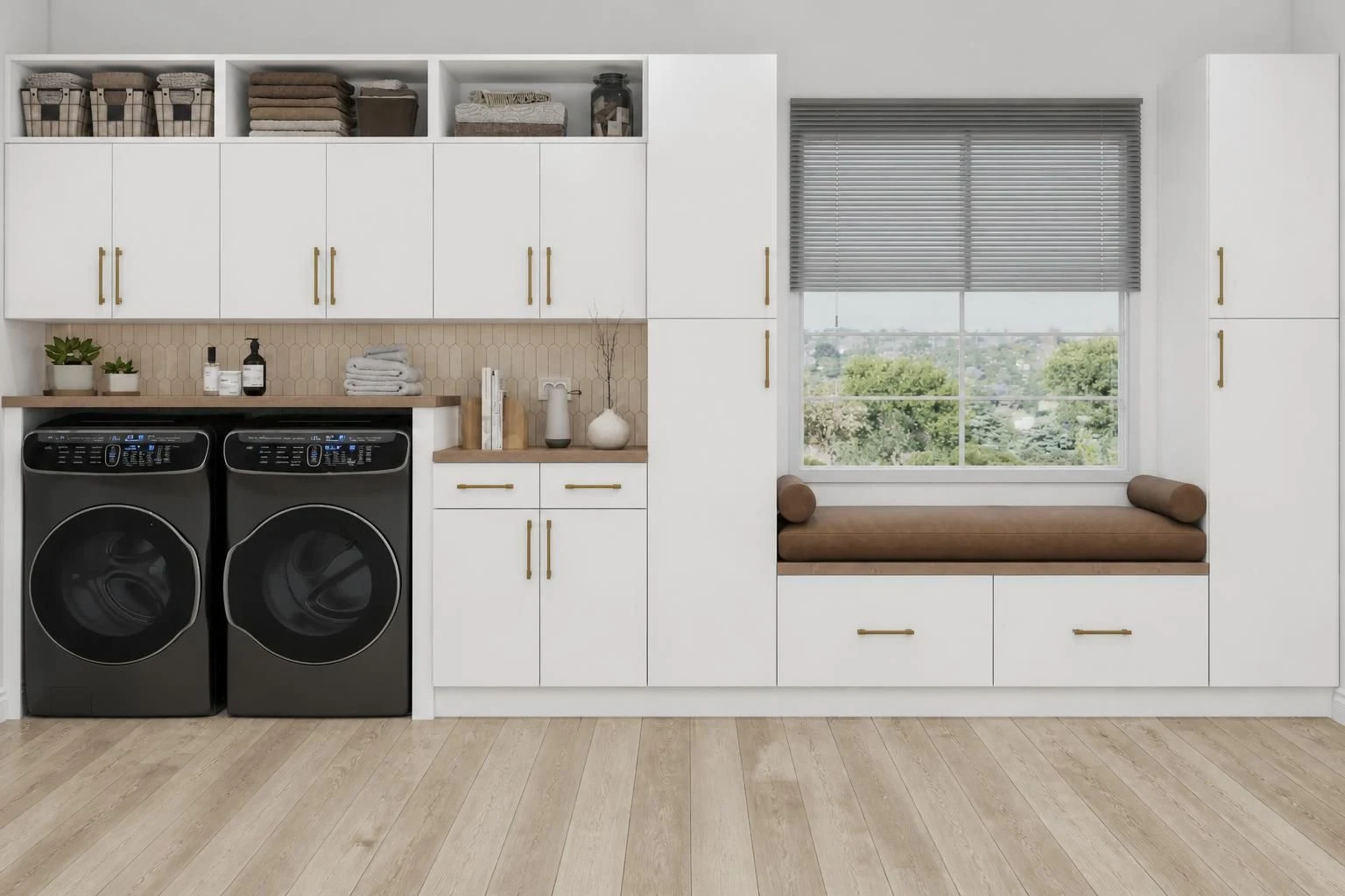 Matt Ivory laundry room built-in cabinetry with brass hardware
