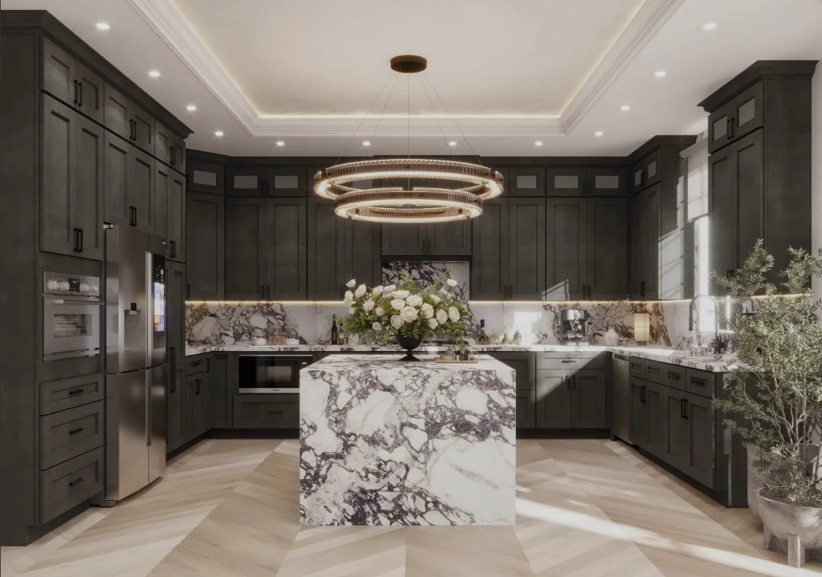 Contemporary dark kitchen cabinetry with large island