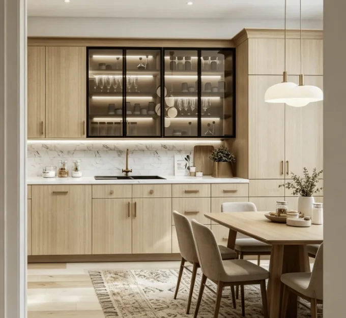 Modern wood kitchen cabinets with glass display uppers