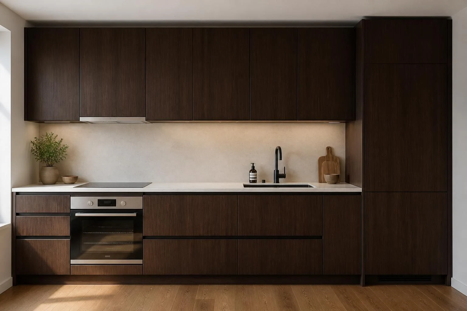 Oak Shade dark flat-panel kitchen cabinetry