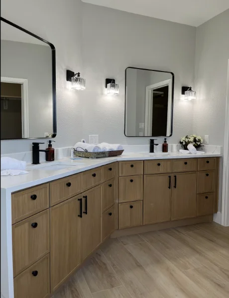 Slim white oak bathroom vanity cabinetry
