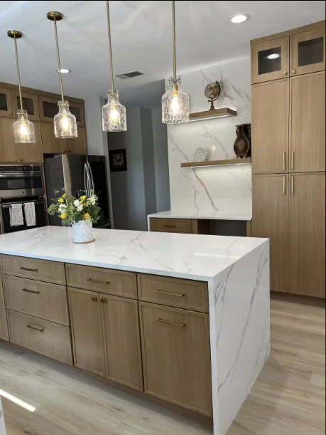 Wood-tone slim shaker kitchen cabinetry