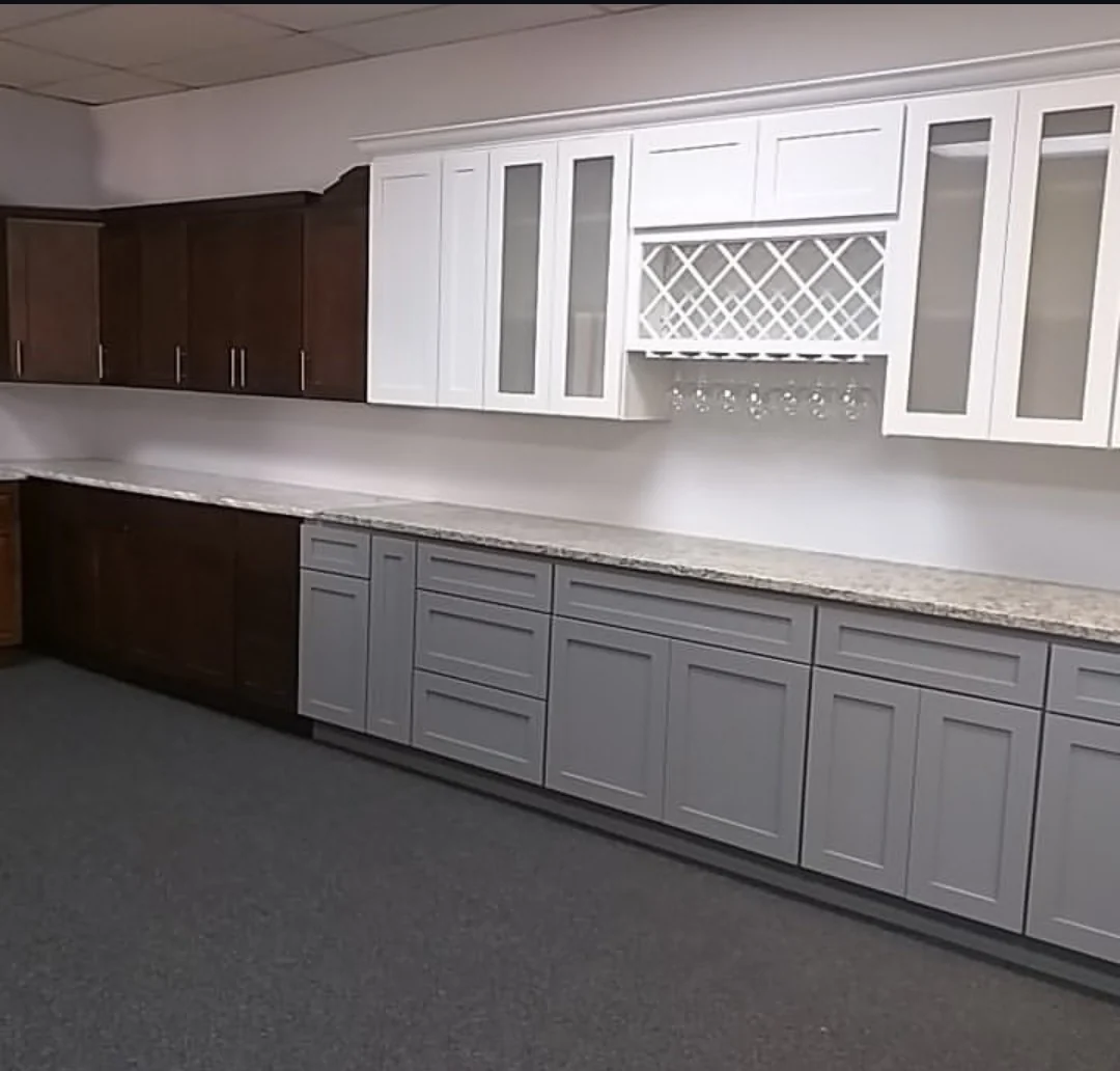 Espresso, white glass-front and grey cabinet display