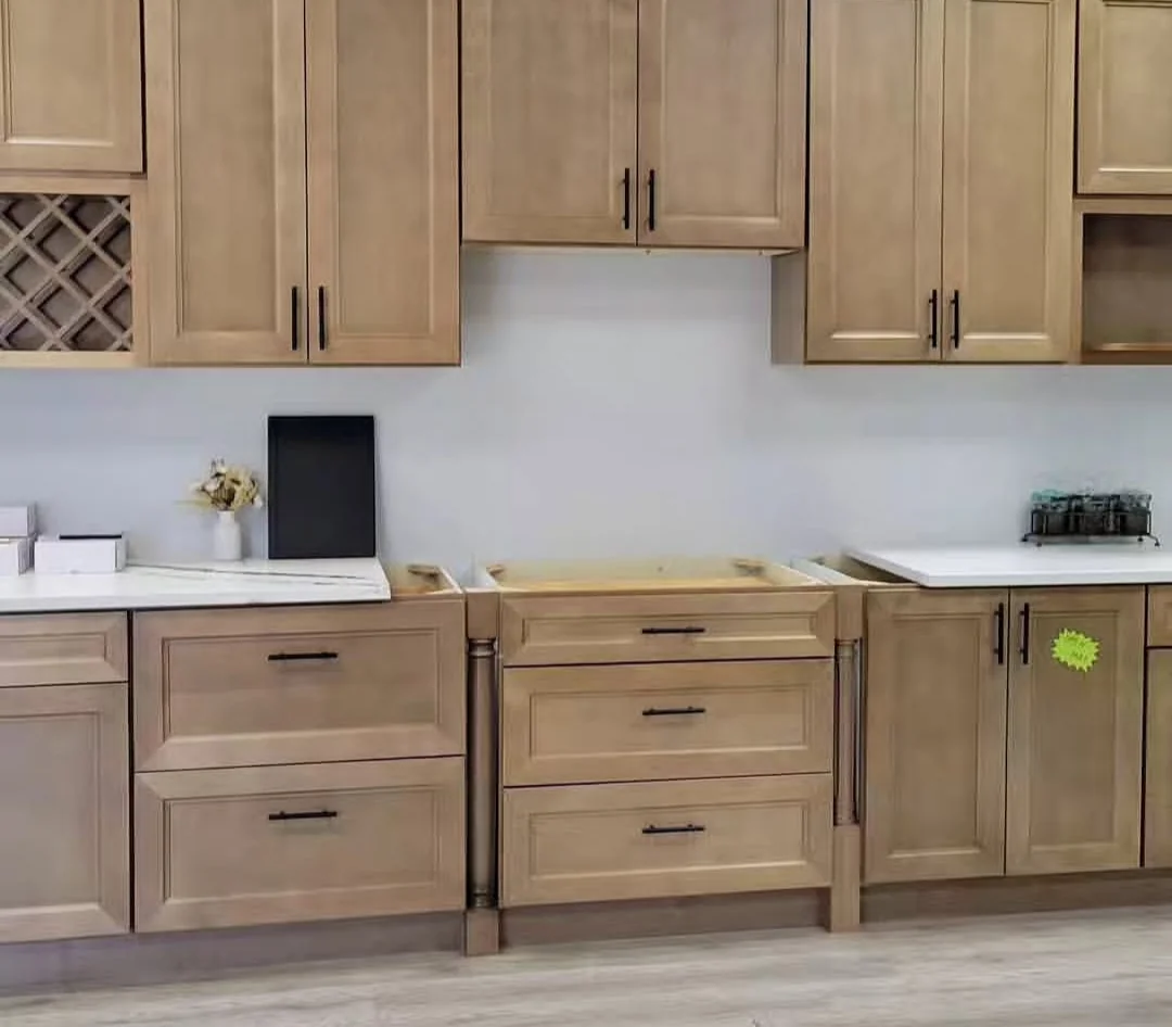 Warm oak cabinet display with wine rack storage