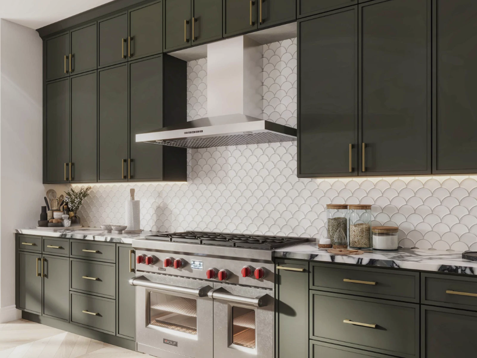 Slim Aston Green kitchen cabinetry with range hood