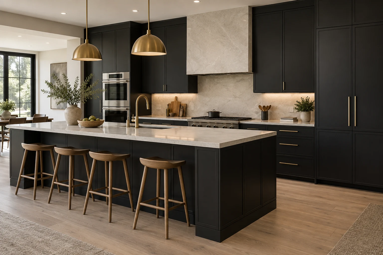 Slim Black Shaker kitchen cabinetry with brass pendant lights