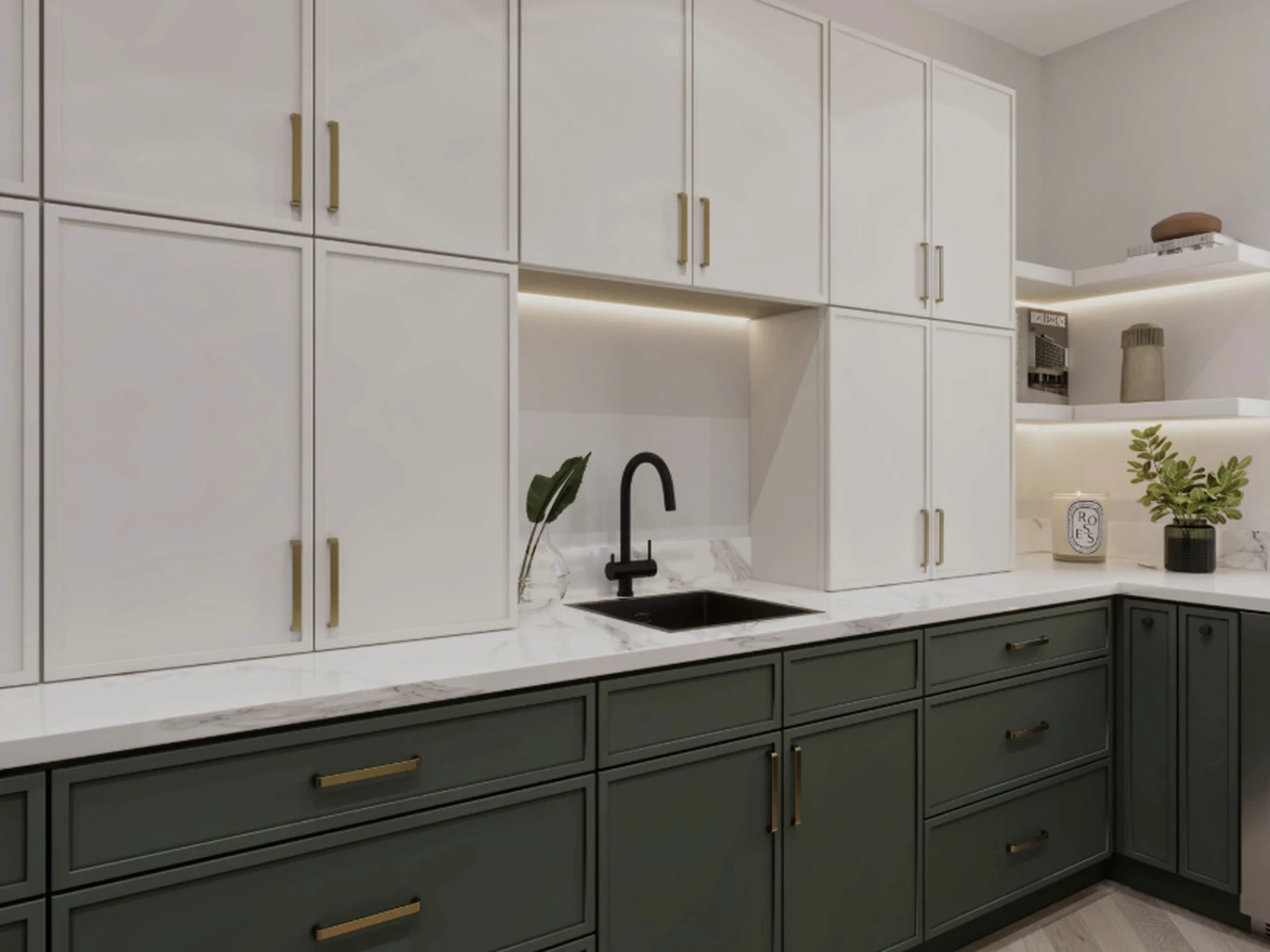 White upper cabinets with dark green slim shaker lower cabinets