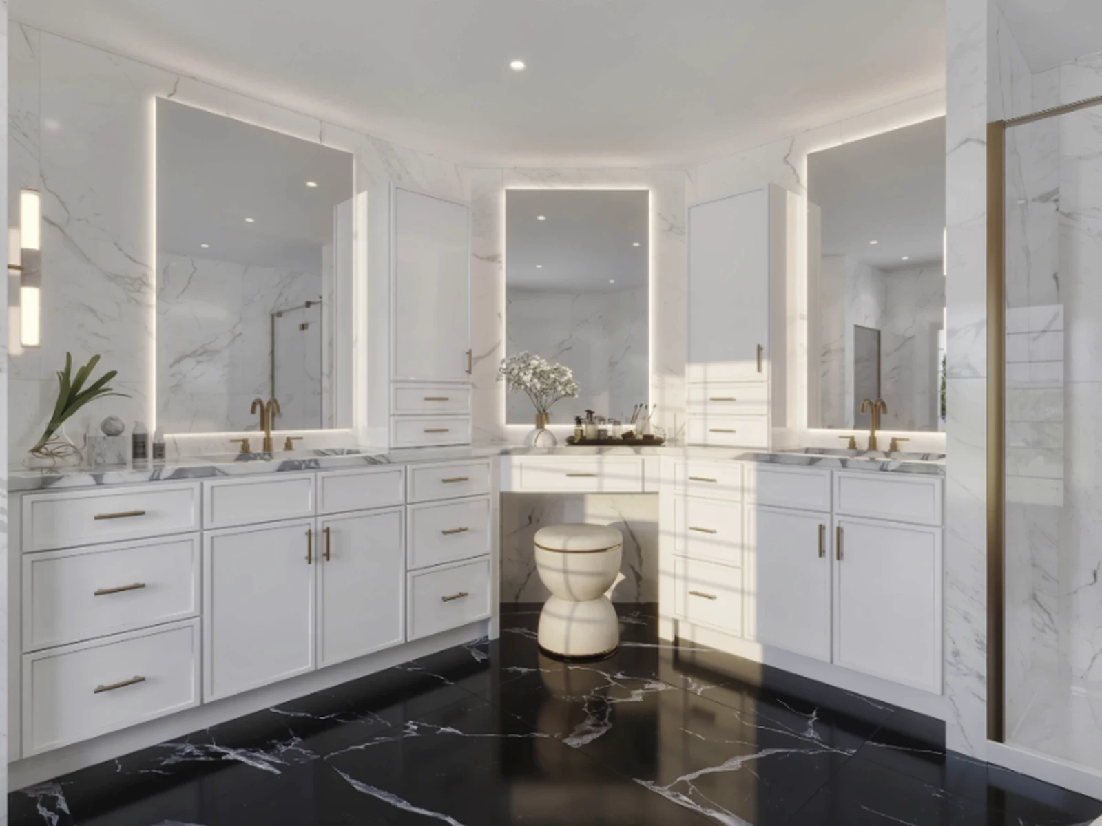 Slim Dove White double bathroom vanity with marble surfaces