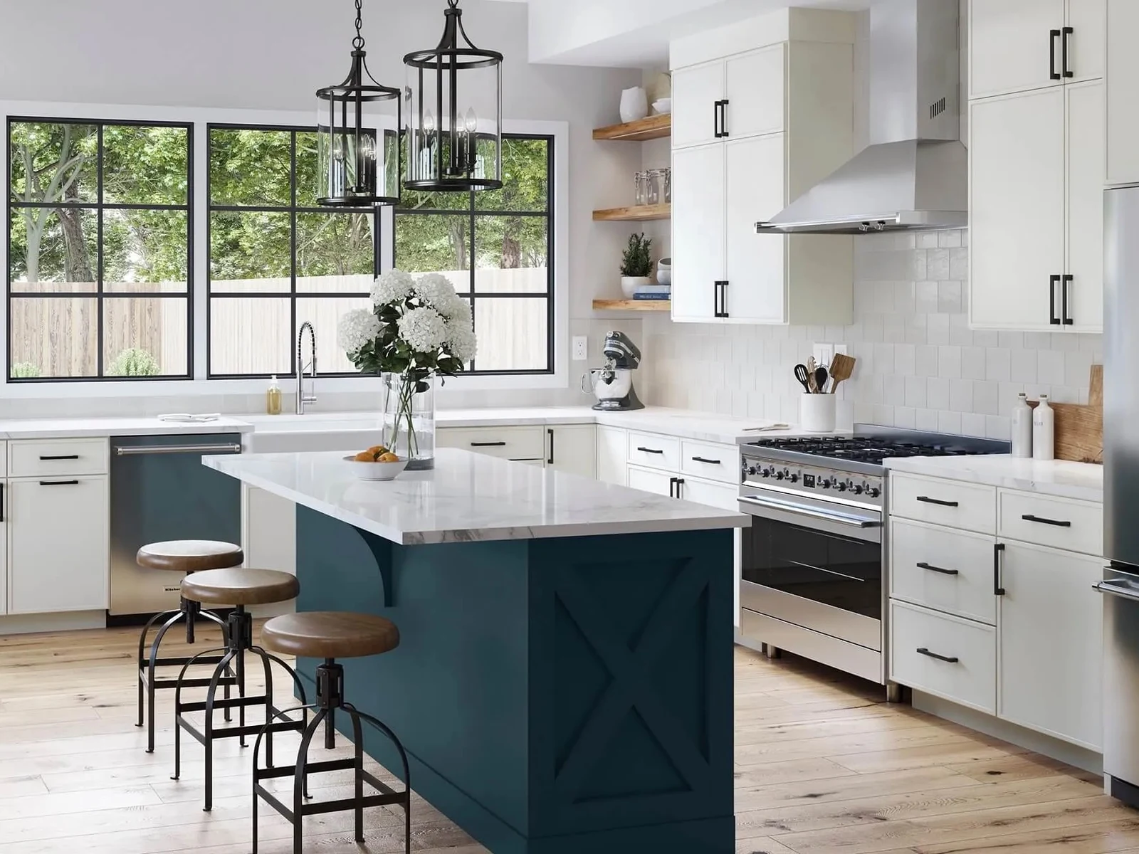 Slim Shaker mix with Blue kitchen cabinetry