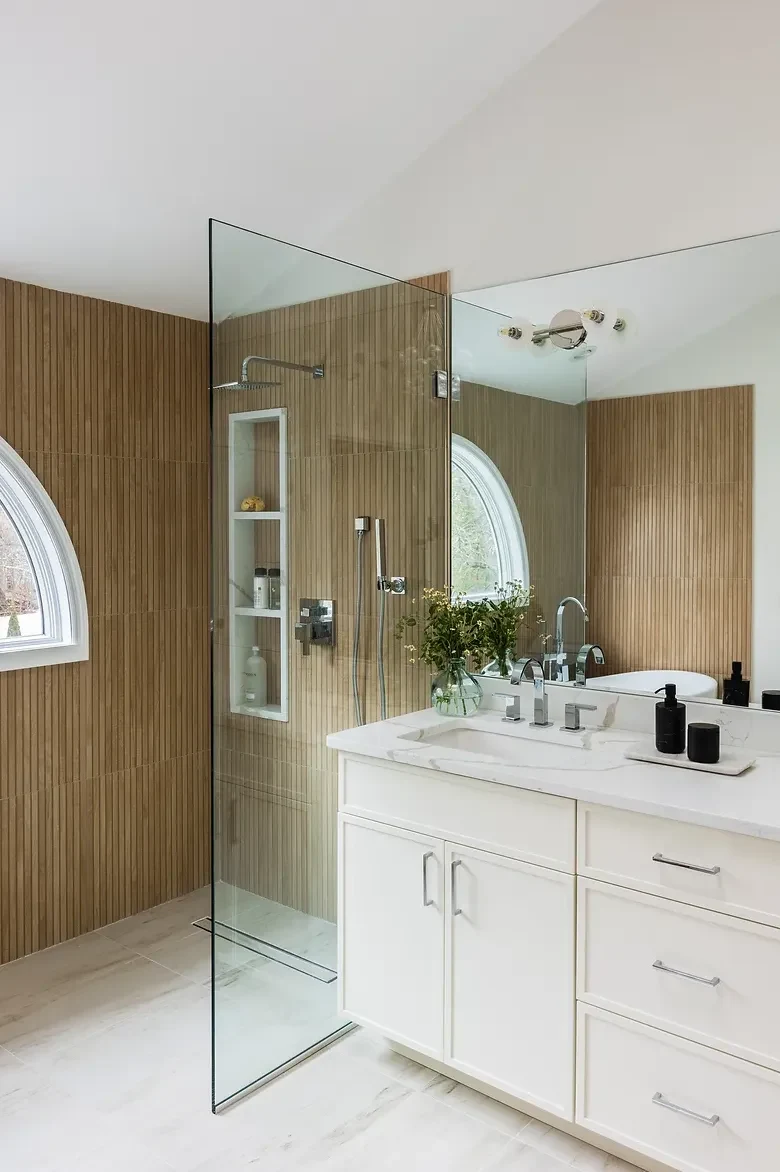Slim Shaker White bathroom vanity with wood tile shower