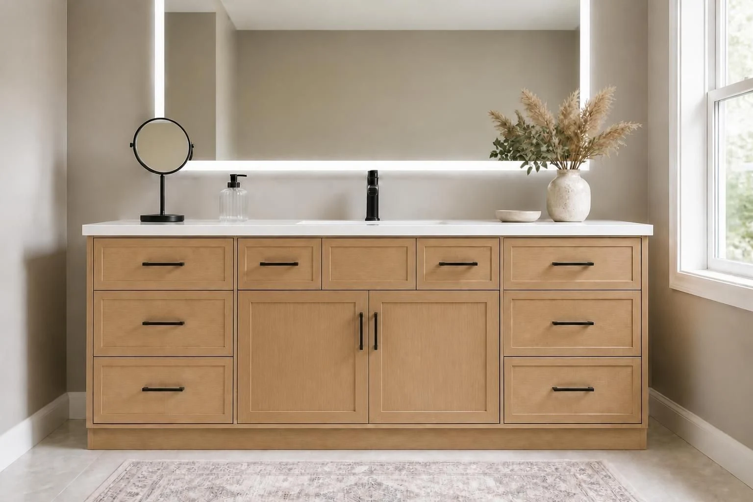 Slim White Oak bathroom vanity with black hardware
