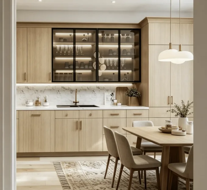 Light wood European-style kitchen cabinetry with glass display uppers