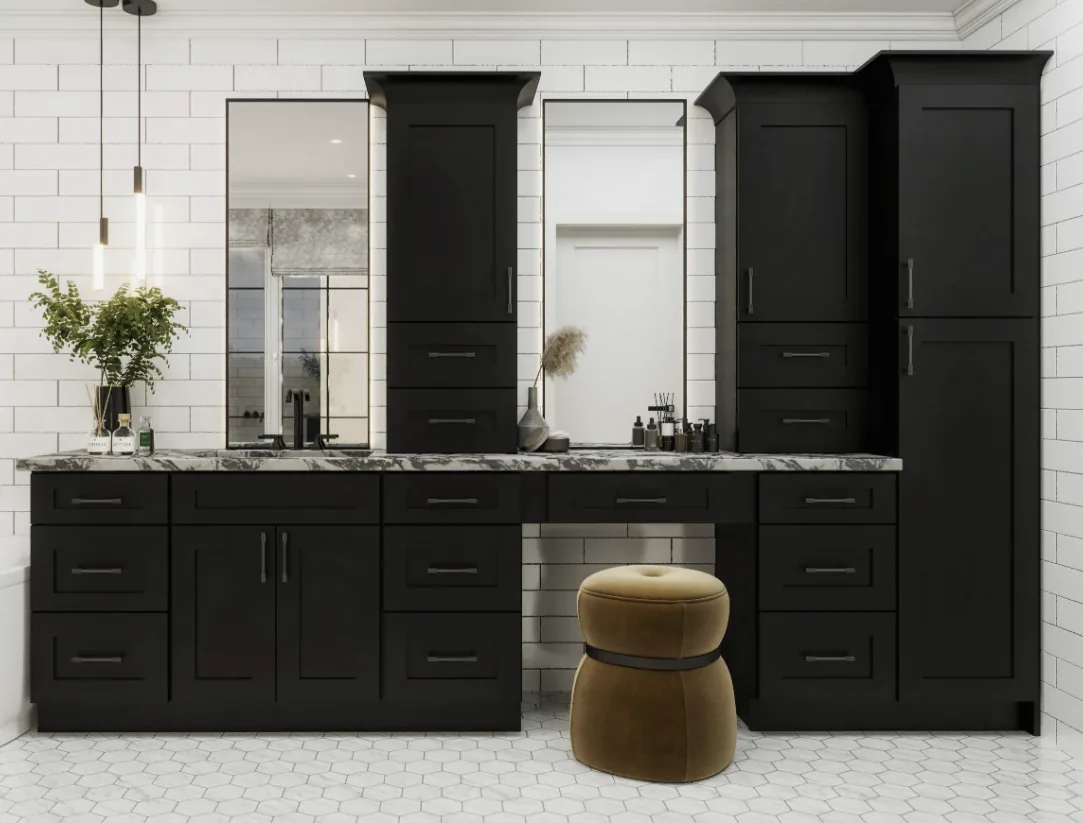 Black shaker double bathroom vanity with marble countertop
