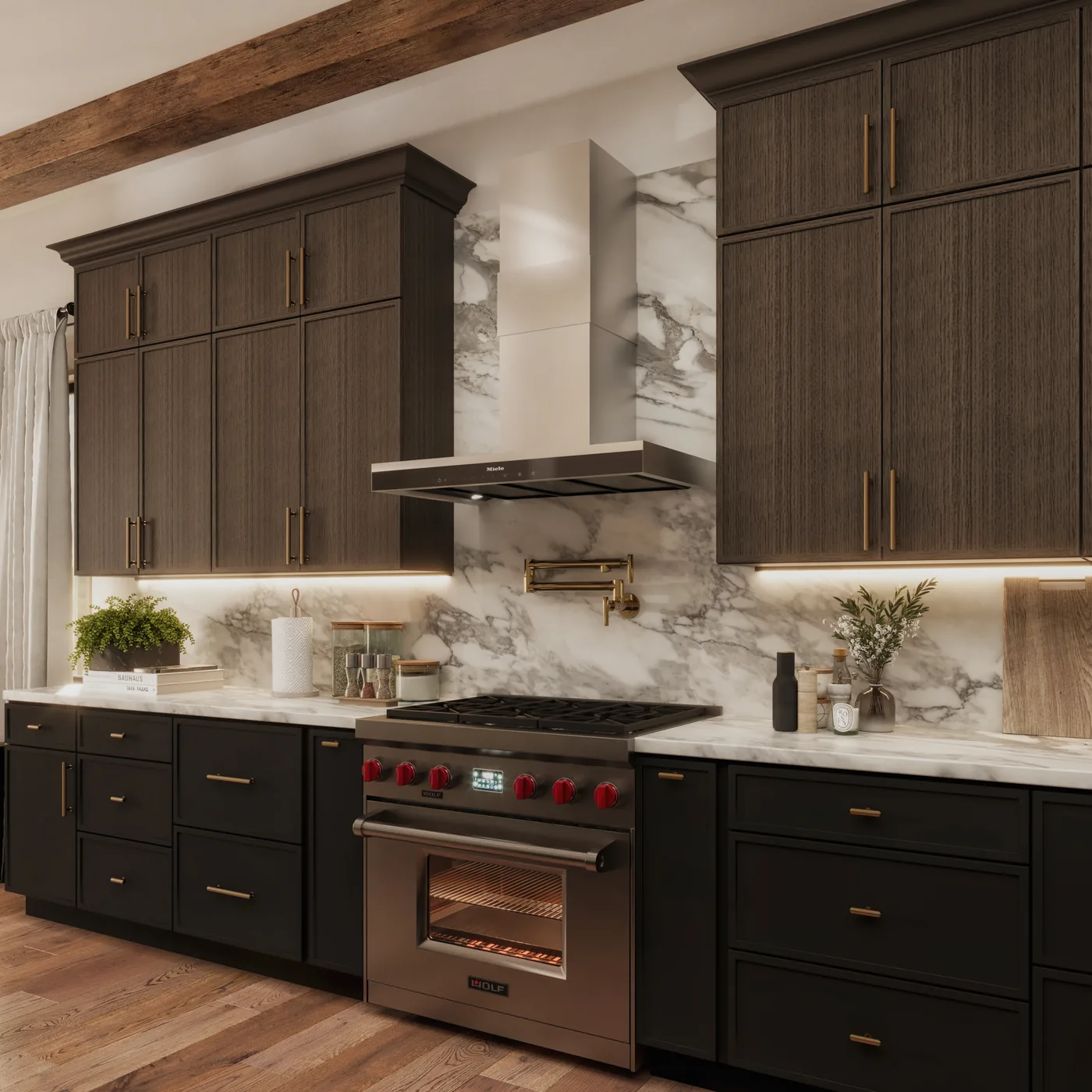 Dark amber oak slim shaker kitchen cabinetry with marble backsplash