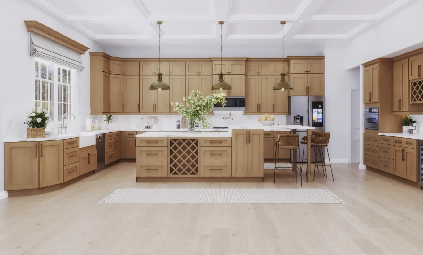 Warm honey wood-tone kitchen cabinetry with large island