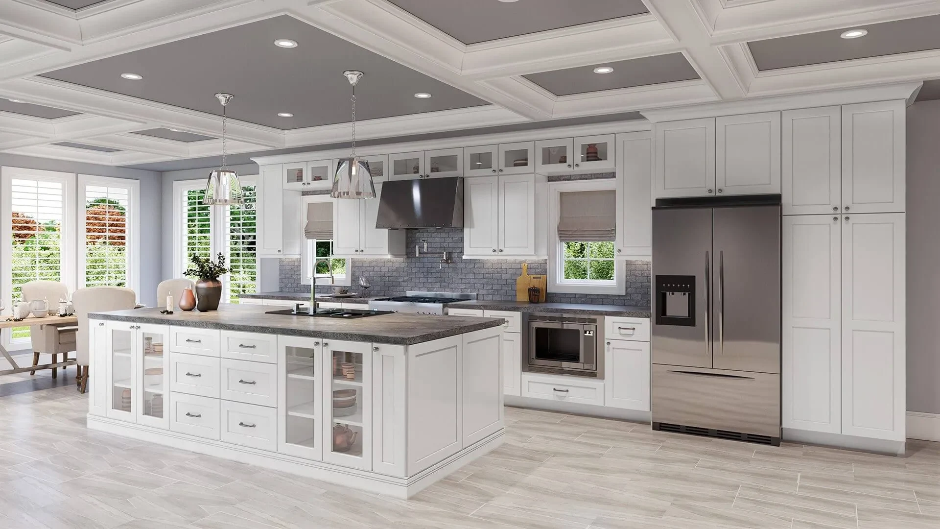 Sydney White kitchen cabinetry with island and stainless steel refrigerator
