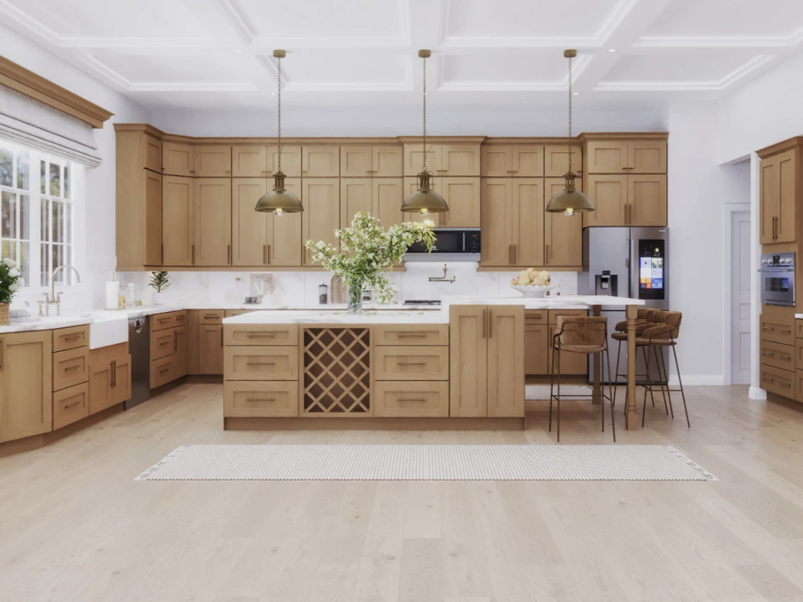 Treasure Chest natural oak shaker kitchen cabinets with wood island