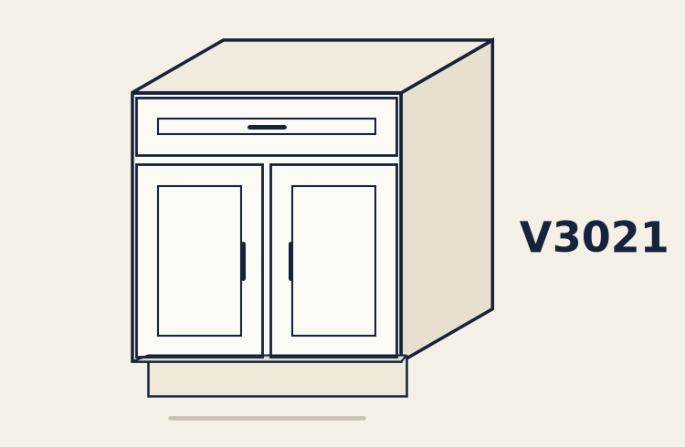 Standard sink vanity, two main doors, false drawer front, recessed toe-kick base