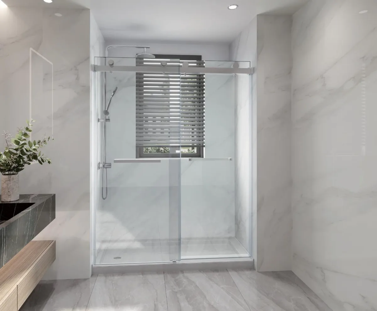Frameless double sliding shower door, chrome hardware