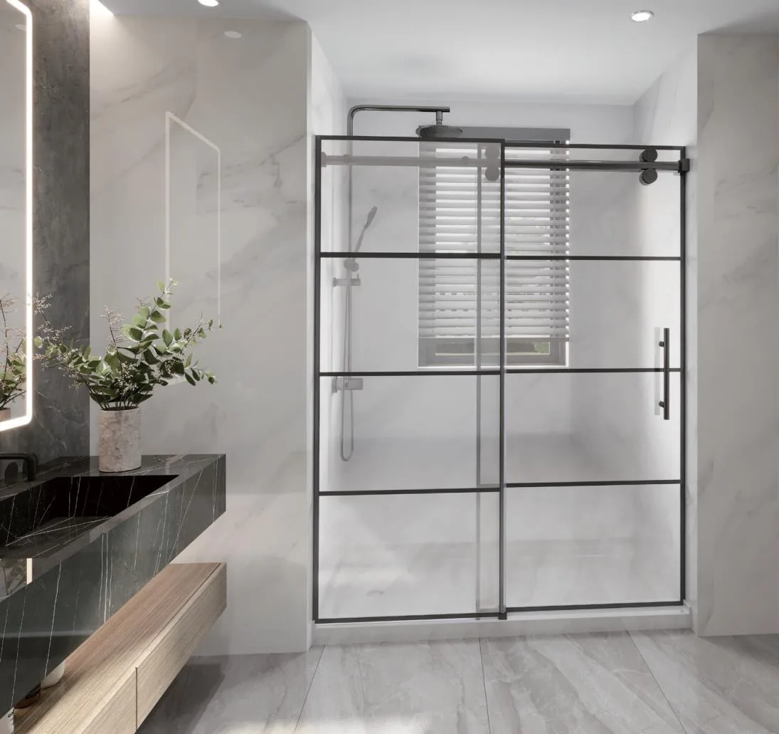 Frameless single sliding shower door with silk-screen glass, matte black hardware