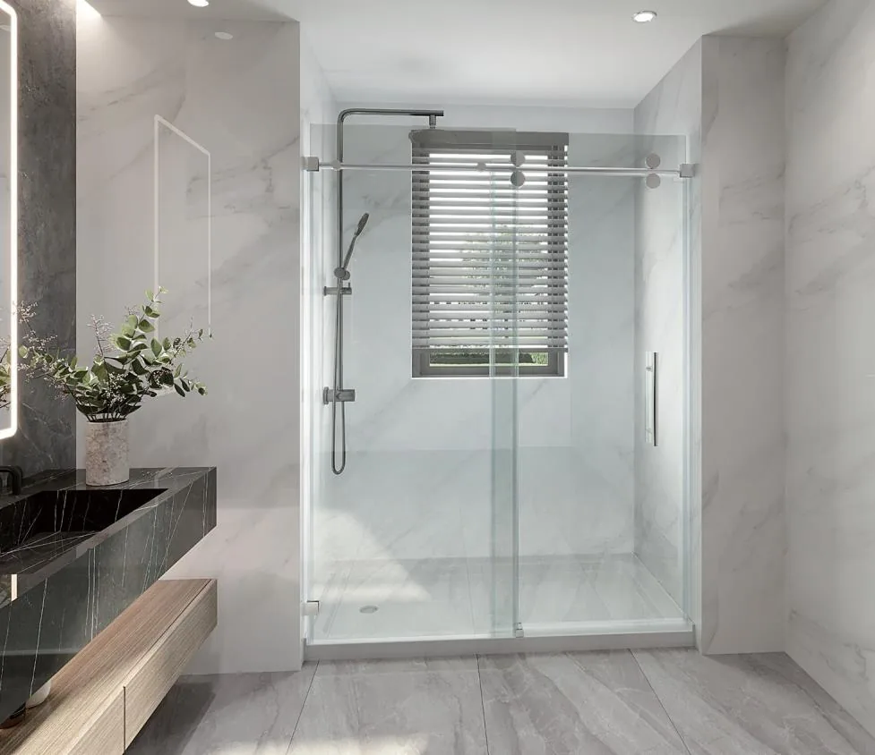Contemporary glass shower door in a bathroom