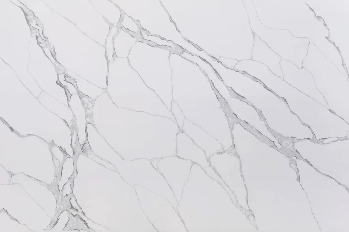 Bright white quartz countertop with visible veining