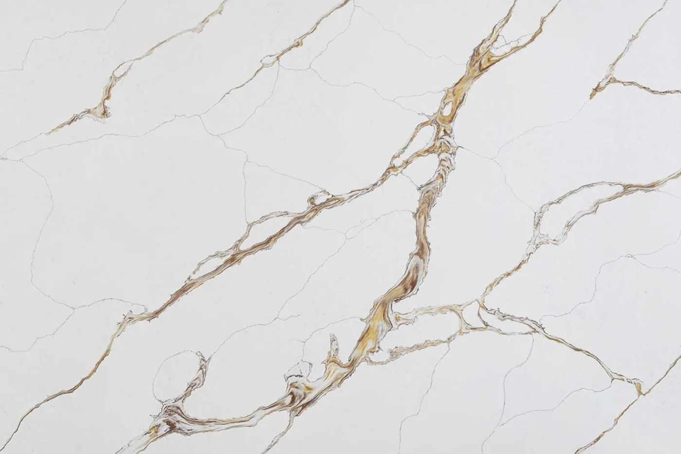 Bright white quartz countertop with gold veining